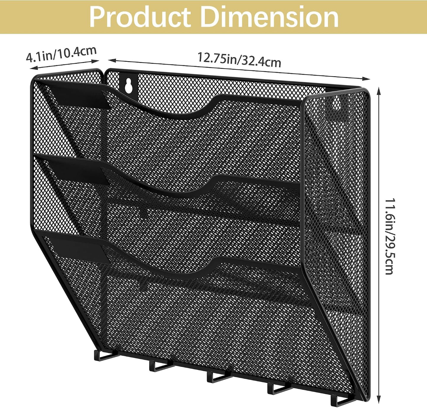 EasyPAG 5 Pocket Mesh Wall File Organizer with Key Hooks, Hanging Paper Folder Holder with Classify Label, Vertical Wall Mount Mail Organizer for Office Home Classroom, Black