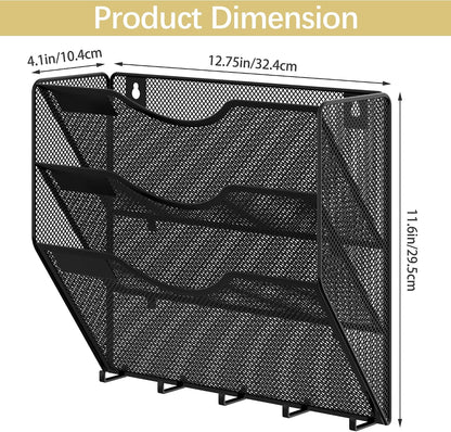 EasyPAG 5 Pocket Mesh Wall File Organizer with Key Hooks, Hanging Paper Folder Holder with Classify Label, Vertical Wall Mount Mail Organizer for Office Home Classroom, Black