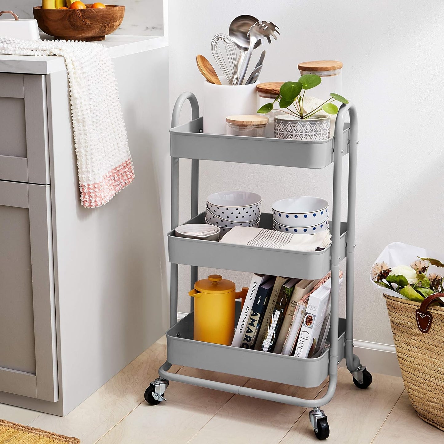 Amazon Basics 3-Tier Rolling Utility Cart, Storage Organizer, Lockable Wheels, Multifunctional Storage, Portable Mobile Shelving Unit, White