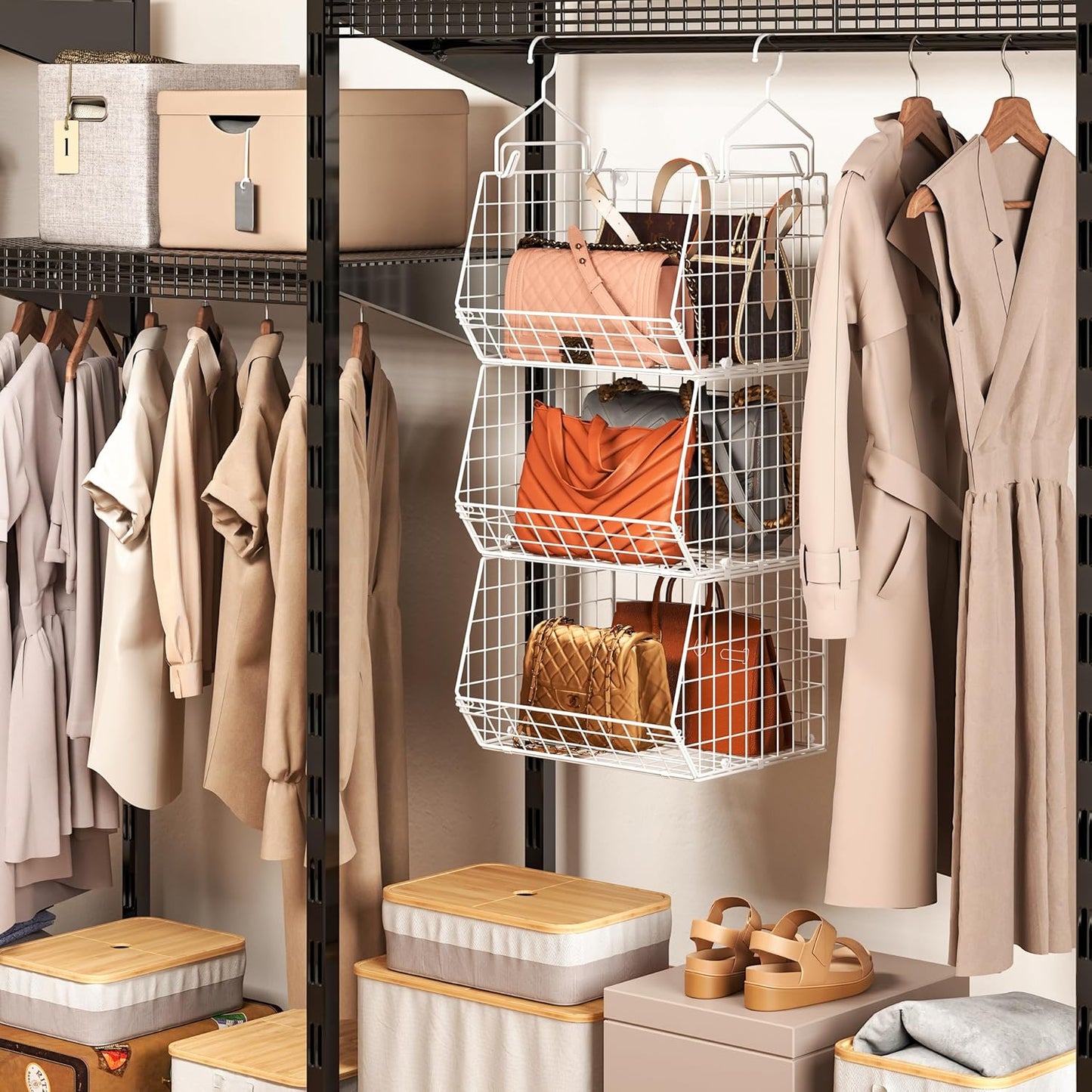 X-cosrack 3-Tier Hanging Closet Organizer, Laundry Room Organization | Space Saving Shelves with 1.65" Hook & 5 S-Hooks | Hanging Wire Baskets (12.4" W x 8.8" H x 10.24-11.8" D)