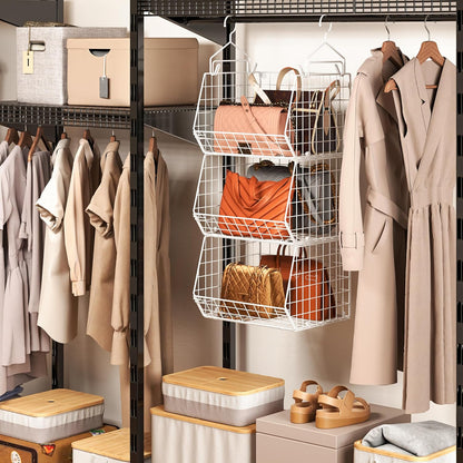X-cosrack 3-Tier Hanging Closet Organizer, Laundry Room Organization | Space Saving Shelves with 1.65" Hook & 5 S-Hooks | Hanging Wire Baskets (12.4" W x 8.8" H x 10.24-11.8" D)