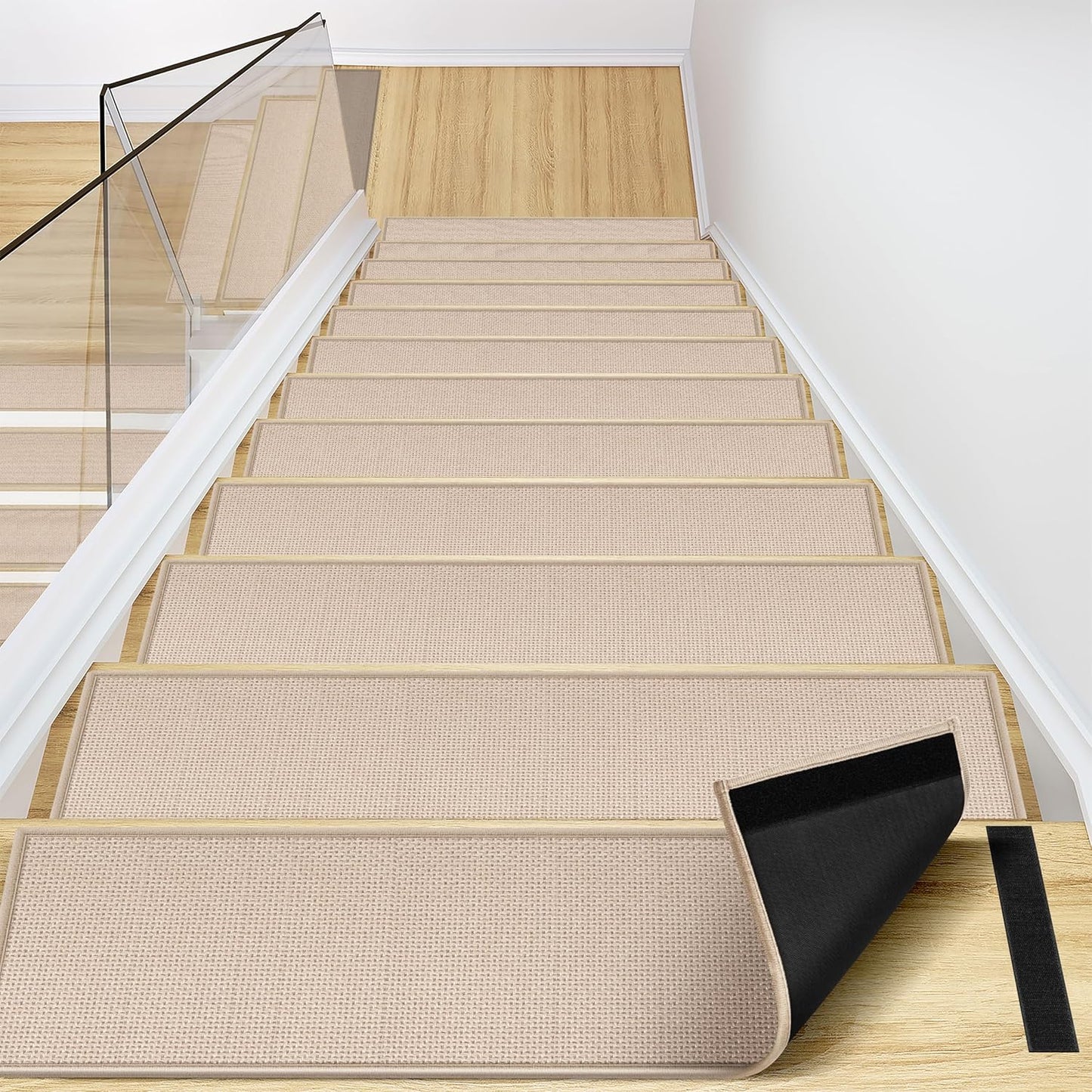 Peel and Stick Carpet Stair Treads for Wooden Steps Set of 15, Non Slip Adhesive Jute Stair Mats Indoor, Rubber Backing Safety Step Pads Mats, Grey, 8"x30"