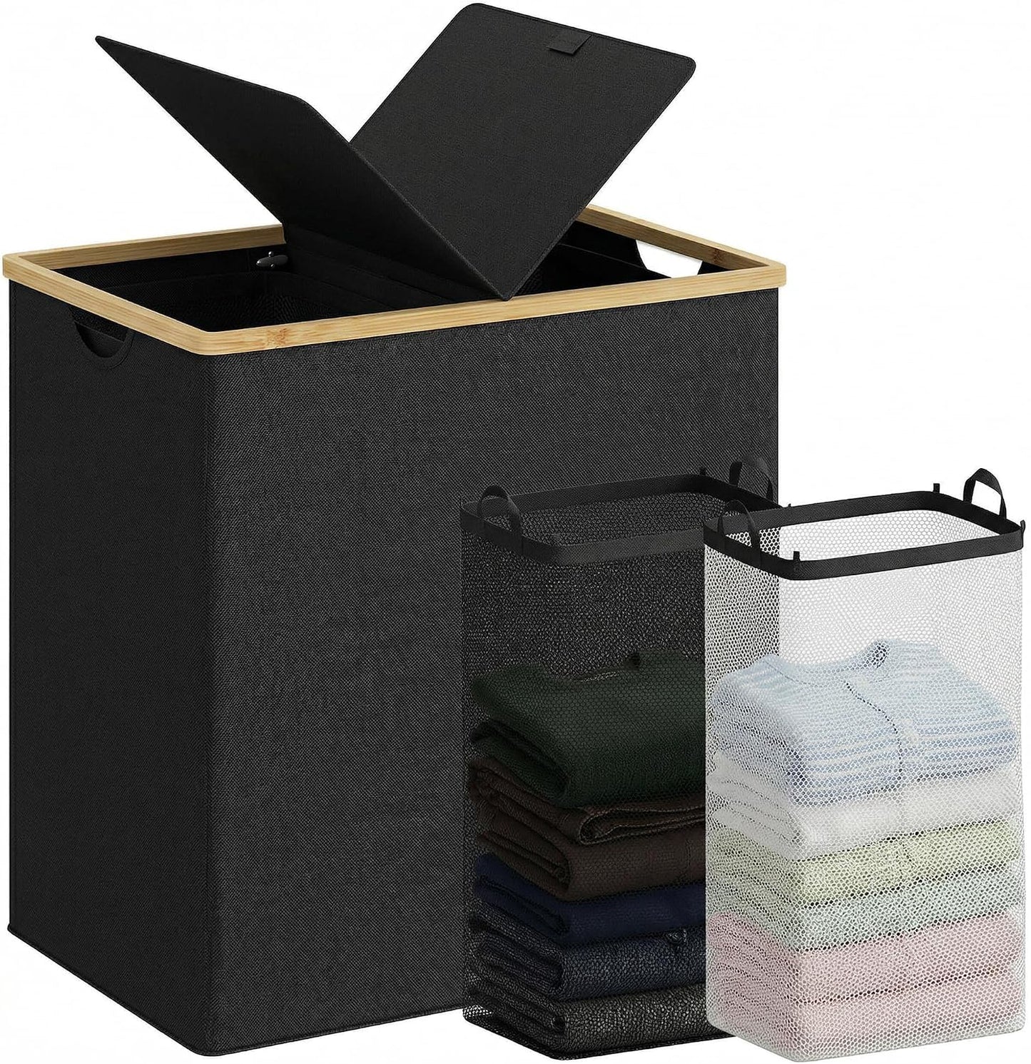 efluky Laundry Hamper with Lid, Trio Laundry Basket with 2 Removable Bags, 3 Section Laundry Bin with Bamboo Handles for Bathroom, Bedroom & Laundry Room, 160L (42.3 Gallon) Beige