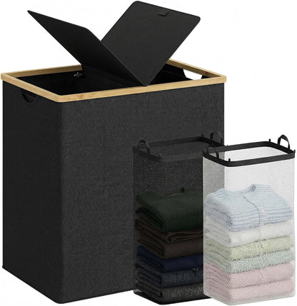 efluky Laundry Hamper with Lid, Trio Laundry Basket with 2 Removable Bags, 3 Section Laundry Bin with Bamboo Handles for Bathroom, Bedroom & Laundry Room, 160L (42.3 Gallon) Beige