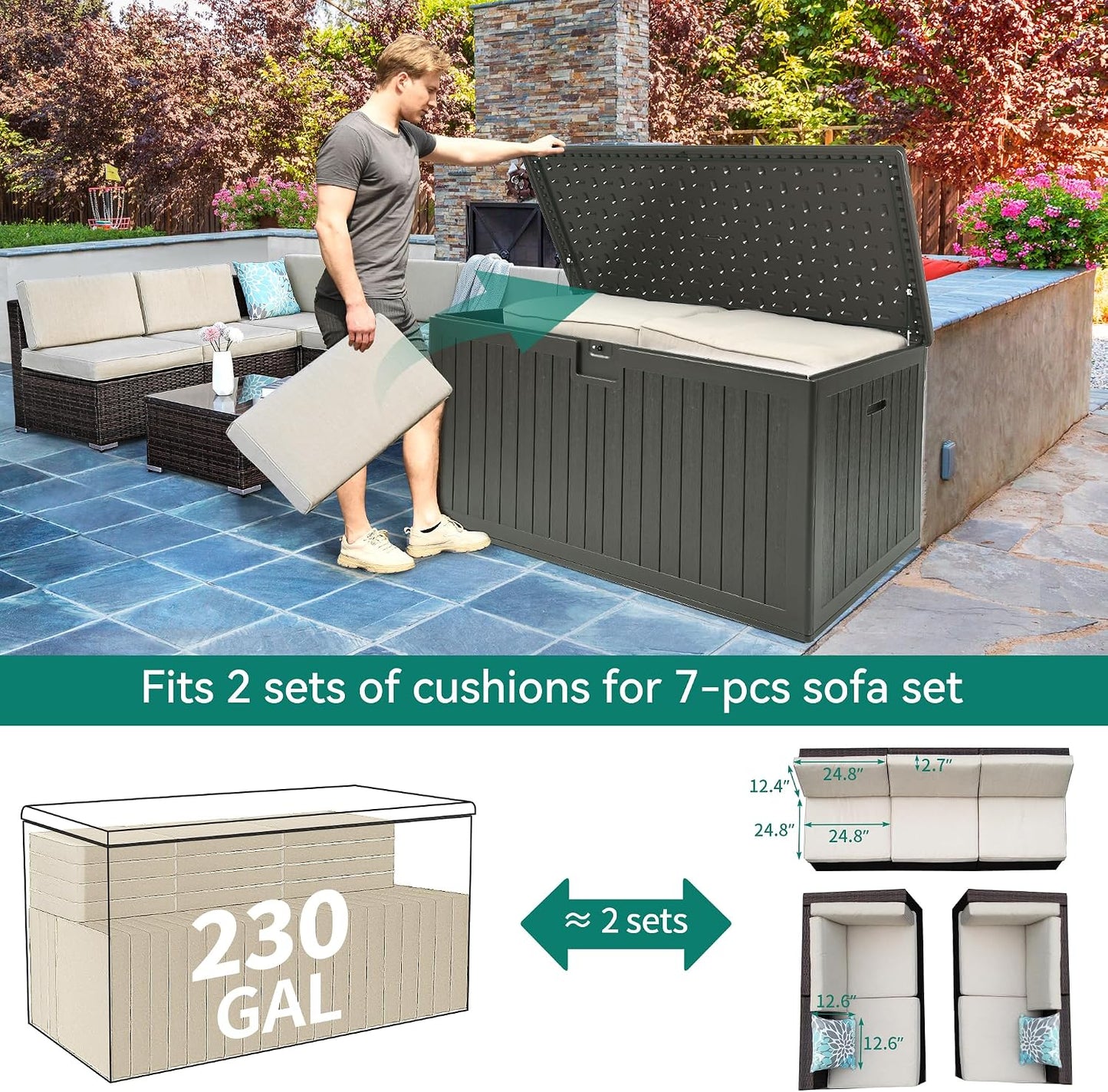 YITAHOME 100 Gallon Large Outdoor Deck Box | Waterproof Resin Storage Box, Lockable Indoor Outdoor Storage Container for Patio Furniture Cushions, Pool Accessories