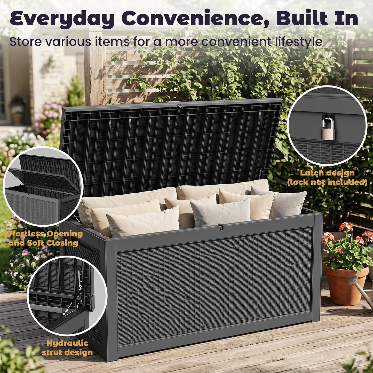 PatioZen 50 Gallon Deck Box Outdoor, Weatherproof Resin Patio Storage Box, Waterproof Outdoor Storage Boxes with Lid Lockable for Cushions, Garden Tools,Grey