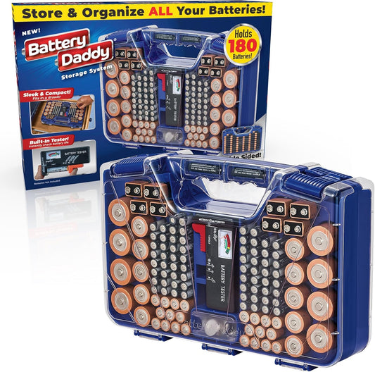 Battery Daddy Storage & Organizer Case with Tester, Stores & Protects Up to 180 Batteries, Double-Sided, Clear Locking Lid, Secure Latches & Portable Carrying Handle - White (Batteries Not Included)