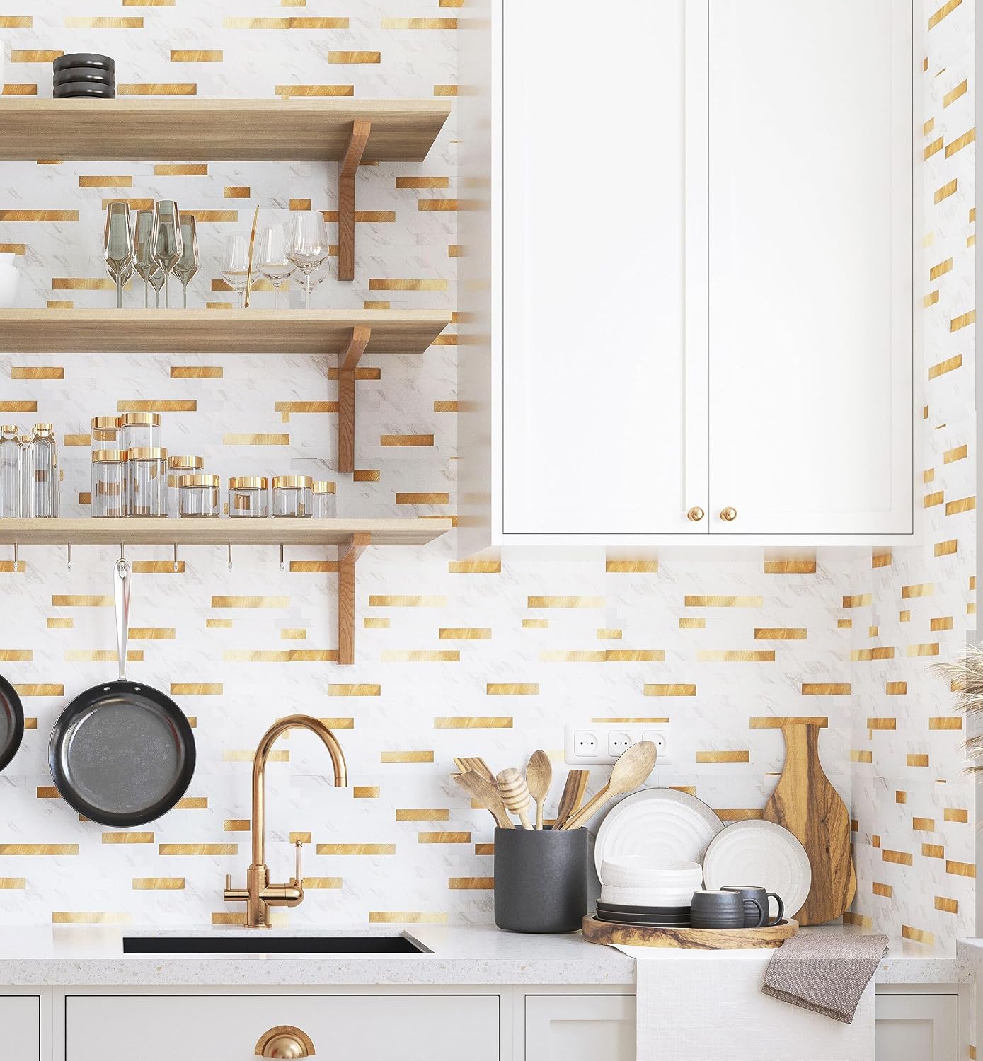 Yipscazo 2026 New Upgrade 11.34" X 11.57" Peel and Stick Backsplash, Stick on Backsplash Tiles for Kitchen, Bathroom, Fireplace (10 Sheets, Beige Rocks + Rose Gold)