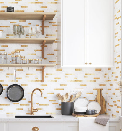 Yipscazo 2026 New Upgrade 11.34" X 11.57" Peel and Stick Backsplash, Stick on Backsplash Tiles for Kitchen, Bathroom, Fireplace (10 Sheets, Beige Rocks + Rose Gold)