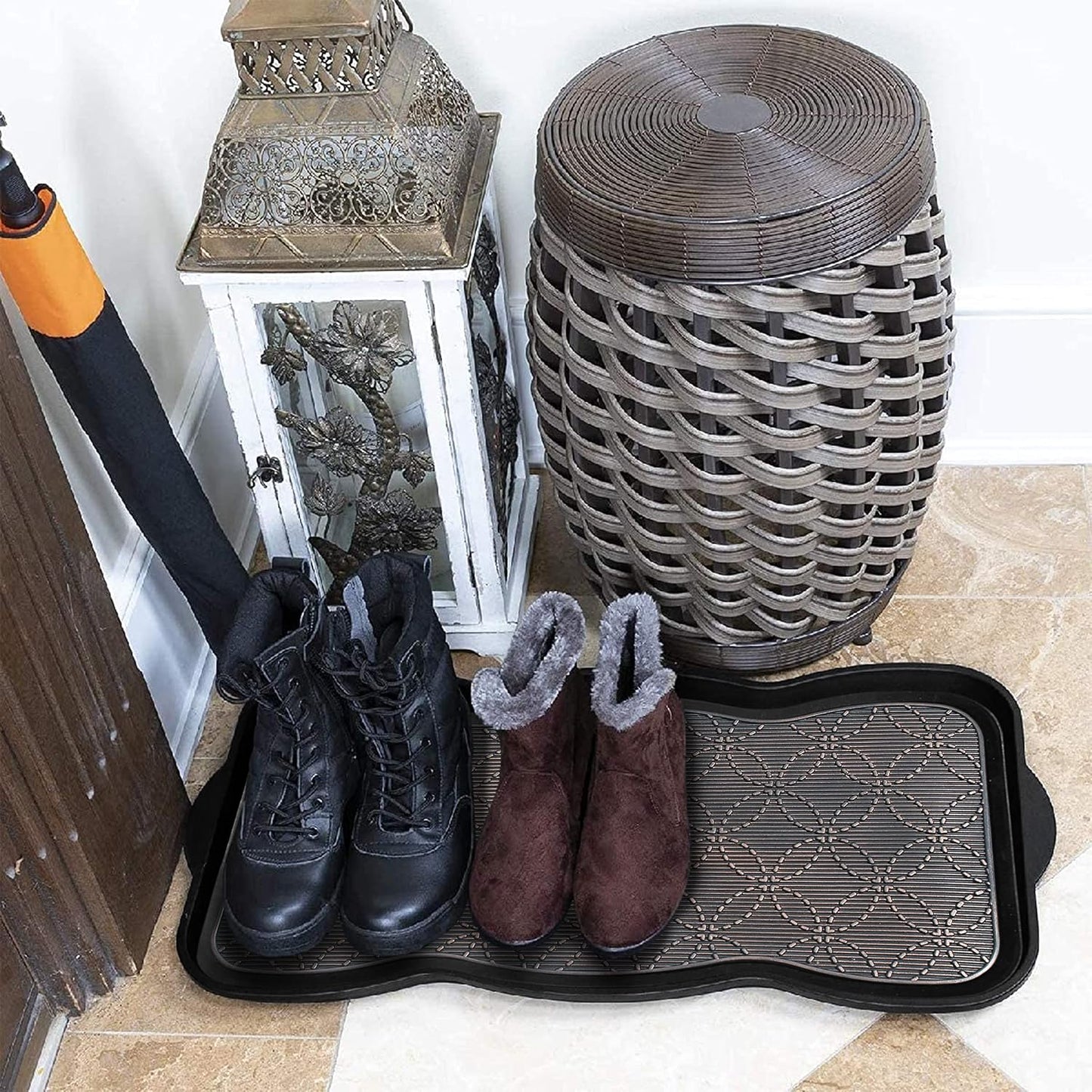 A1HC Heavy Duty Flexible and Durable 100% Rubber Hello Triangle Boot Trays Multi-Purpose for Shoes, Pets, Garden - Mudroom, Entryway, Garage and Scraper Doormat 21.6" X 21.6"