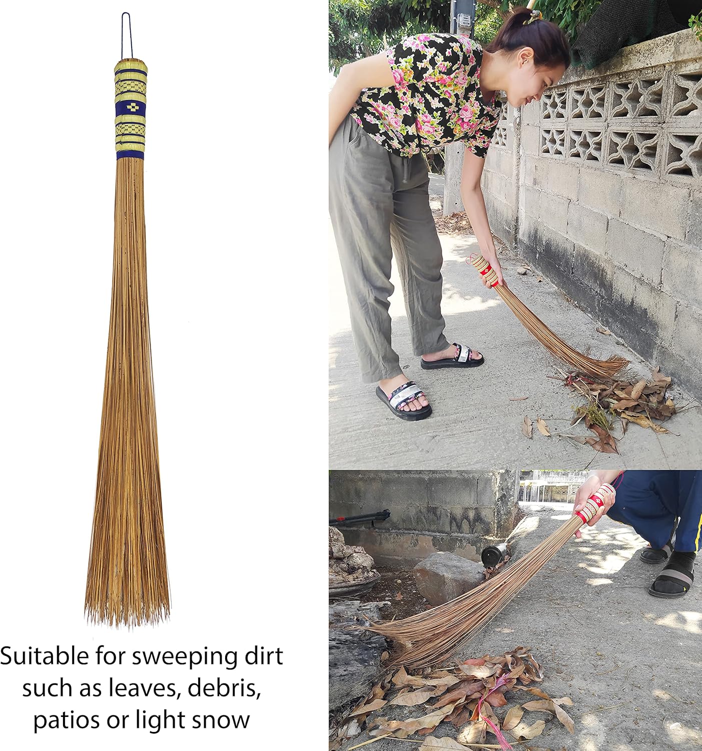 32 inch Multi-Surface Sturdy Outdoor Authentic Coconut Leaf Broom Asian Heavy Duty Broom Thai Natural Coconut Leaf Broom (Country Rustic) 1 Piece (2 piece)