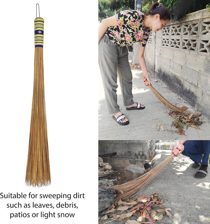 32 inch Multi-Surface Sturdy Outdoor Authentic Coconut Leaf Broom Asian Heavy Duty Broom Thai Natural Coconut Leaf Broom (Country Rustic) 1 Piece (2 piece)