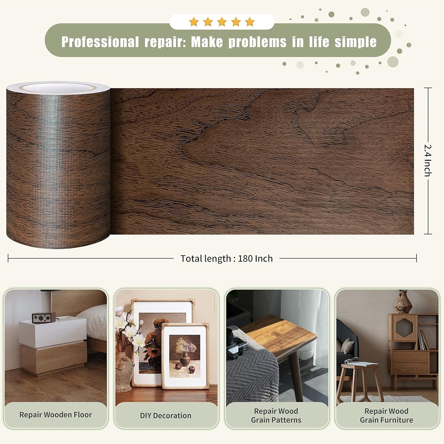 Besezx Wood Grain Repair Tape, 2.4" X15', Self Adhesive Wood Grain Repair Patch for Tables, Chairs, Baseboards, Doors, Windows, Floors, All Kinds of Furniture Renovation, Handicraft DIY. (Natural oak)