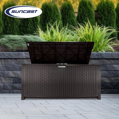 Suncast DBW9200 99 Gallon Outdoor Wicker resin Patio Storage Chest Bin with Handles for Patio, Garden, Garage, or Pool for All Weather, Mocha