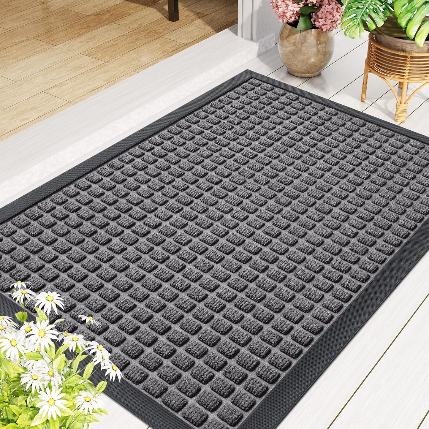Smiry Front Door Mat Outside Entrance, Heavy Duty Natural Rubber Doormat, Non Slip, Trap Dirt and Moisture, Easy Clean, Low Profile Welcome Floor Mats for Indoor Outdoor Entry, 29.5x17 Inch, Black