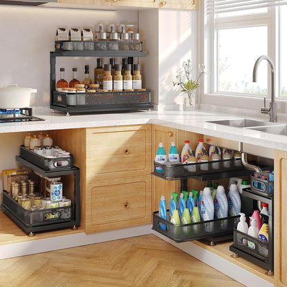 2-Pack Under Sink Storage Organizer with 2-Tier Slide Out Drawer, Sophisticated Mesh Pull Out Shelf for Kitchen & Bathroom, Fits Small Items, Upgraded Arched Track for Smooth Gliding(Patented)