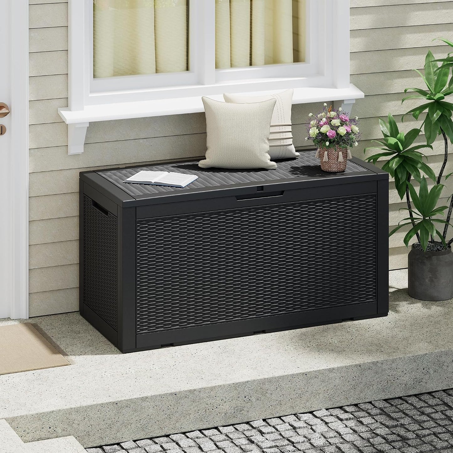 NUNU LAB Outdoor Storage Box, 45 Gallon Outside Deck Box Waterproof, Resin Outdoor Storage Cabinet With Lockable Lid, Backyard Storage Bench For Garden Tools, Patio Cushions, Pool Tools, Black