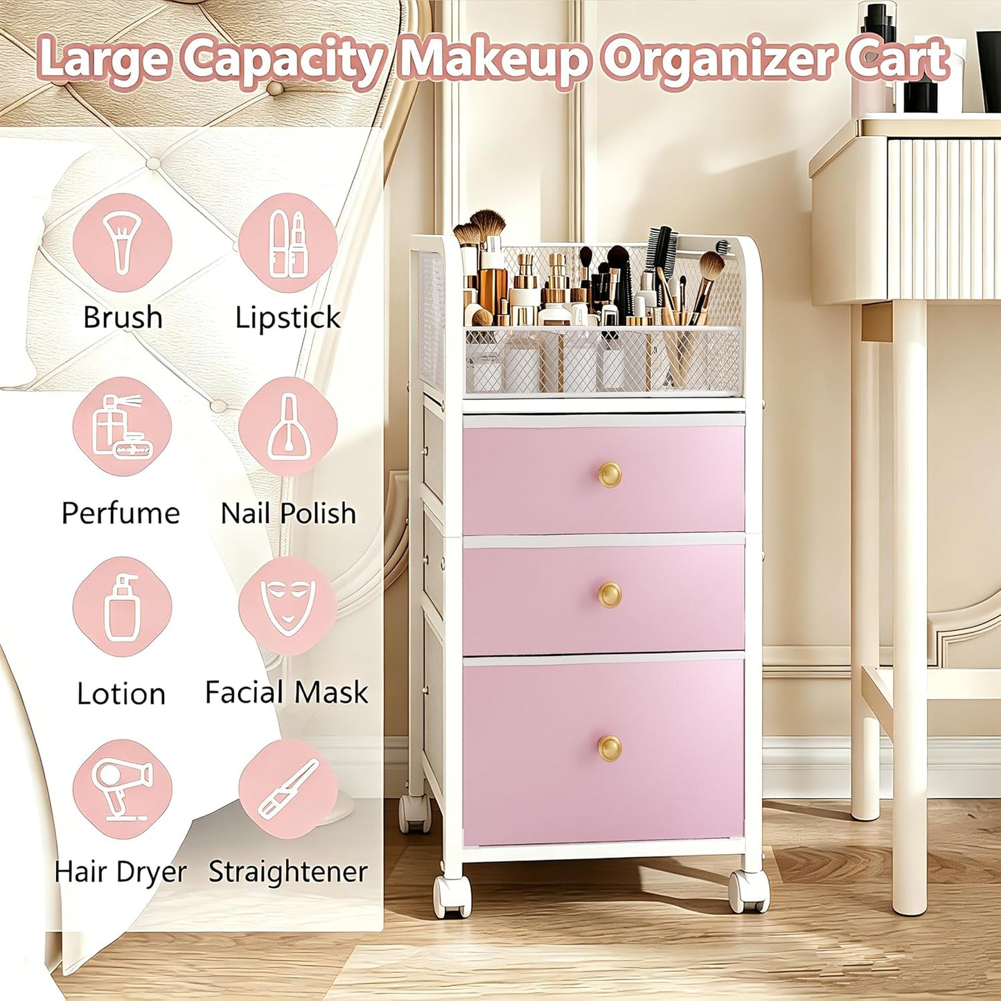 Rolling Makeup Organizer Cart with 3 Drawers, Under Desk Vanity Makeup Storage Cart, Bathroom Storage Cart Cosmetic Display Cases Cabinet for Nail Polish, Brushes & Hair Tools, Gold