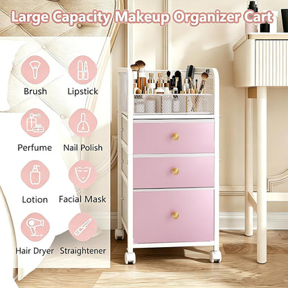Rolling Makeup Organizer Cart with 3 Drawers, Under Desk Vanity Makeup Storage Cart, Bathroom Storage Cart Cosmetic Display Cases Cabinet for Nail Polish, Brushes & Hair Tools, Gold