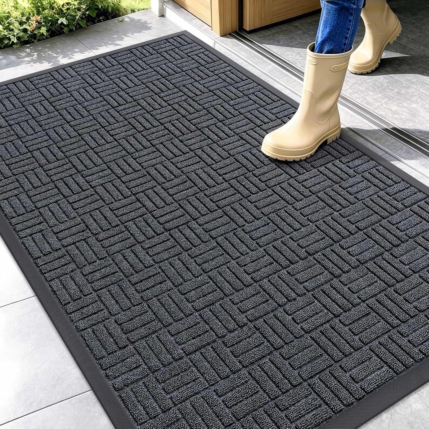 OLANLY Front Door Mat Outside Entrance 29.5x17, Absorbent, Heavy Duty Sturdy Natural Rubber Doormat Indoor Outdoor, Stain and Fade Resistant, Non-Slip Backing Low Profile Floor Mat for Entryway, Grey