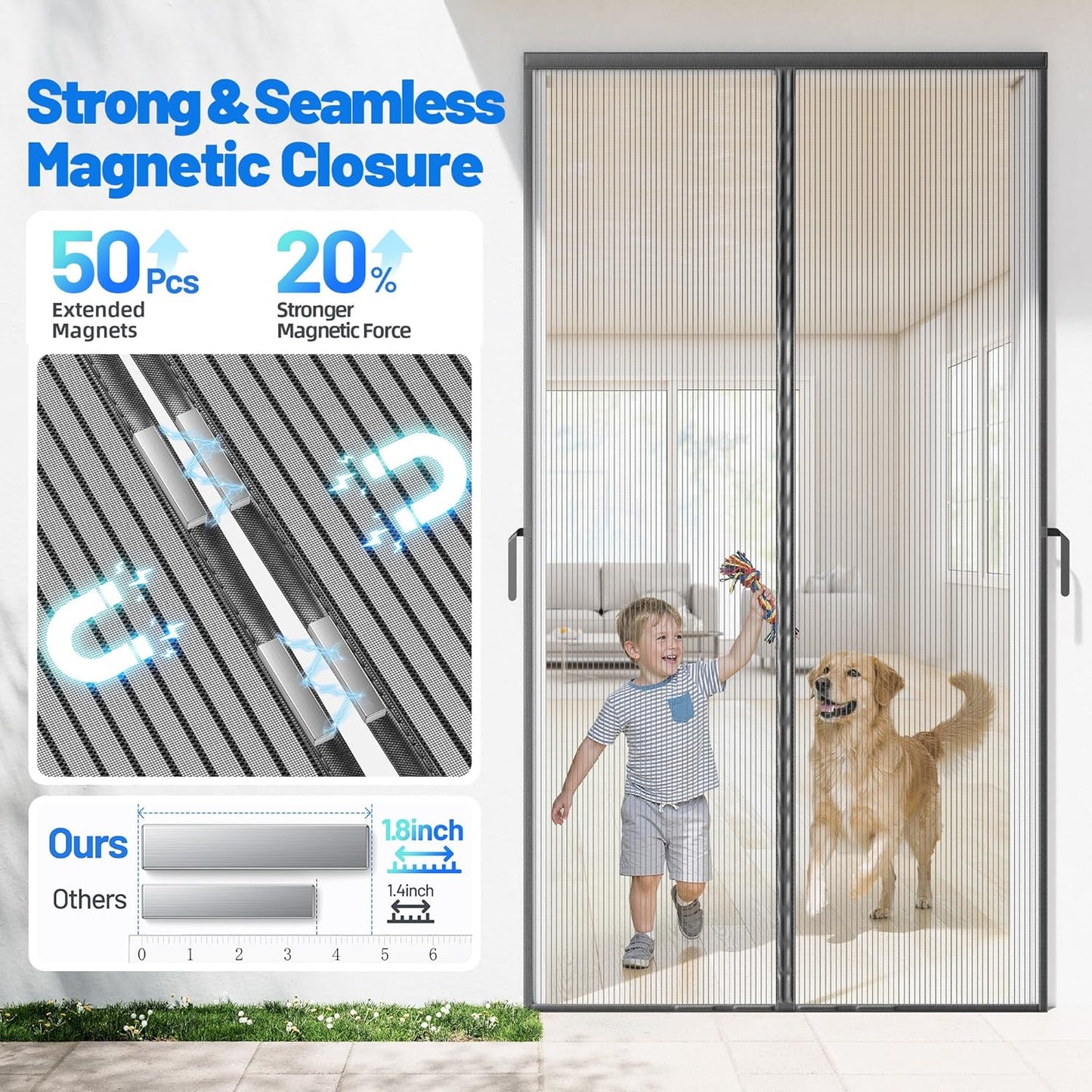 Heavy Duty Magnetic Screen Door Mesh - Auto-Sealing Hand-Free Door Net Screen with 50 Magnets, Pet & Kid Friendly, PET Fine Mesh Doors Screens Keep Bugs & Mosquitos Out Fits Front Doors Size 36” x 82”