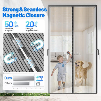 Heavy Duty Magnetic Screen Door Mesh - Auto-Sealing Hand-Free Door Net Screen with 50 Magnets, Pet & Kid Friendly, PET Fine Mesh Doors Screens Keep Bugs & Mosquitos Out Fits Front Doors Size 36” x 82”