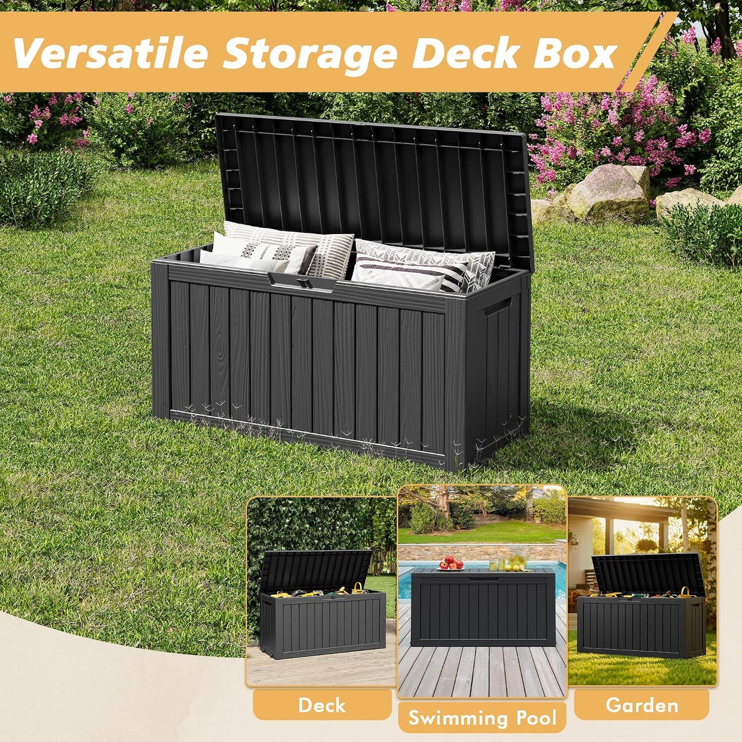 Fancyango 75 Gallon Outdoor Deck Box Waterproof, Large Storage Box for Patio, Resin Storage Bench Lockable for Garden Tools, Package Delivery, Black