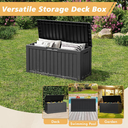 Fancyango 75 Gallon Outdoor Deck Box Waterproof, Large Storage Box for Patio, Resin Storage Bench Lockable for Garden Tools, Package Delivery, Black
