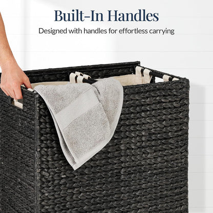Best Choice Products Large Double Laundry Hamper with Lid, Natural Handwoven Water Hyacinth, 2 Sections w/ 2 Machine Washable Linen Liner Bags, Portable, Handles - Natural