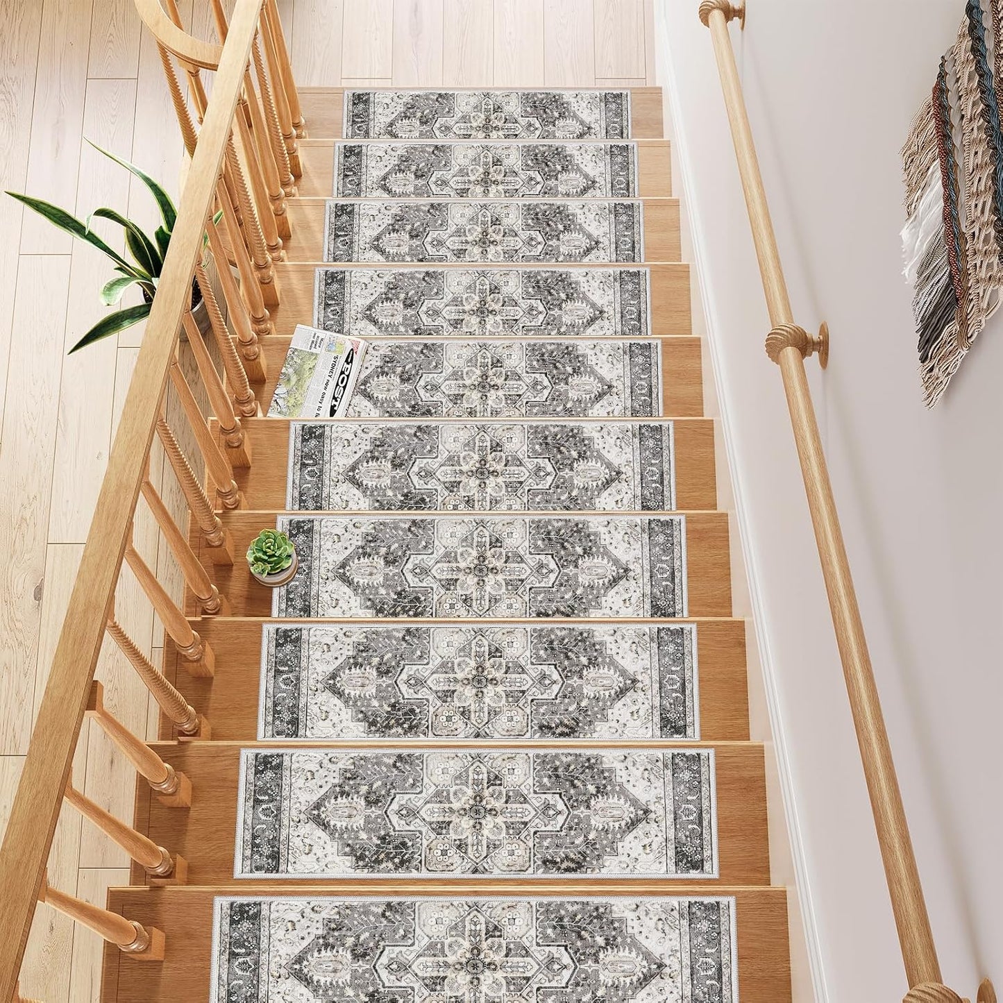 OJIA Stair Treads Non Slip for Wooden Steps Indoor 15PCS Carpet Stair Treads, Rubber Backing Stair Carpet Treads, Residue Free 8"x30" Staircase Step Treads Edging Stair Rugs for Kids & Pets, Gray