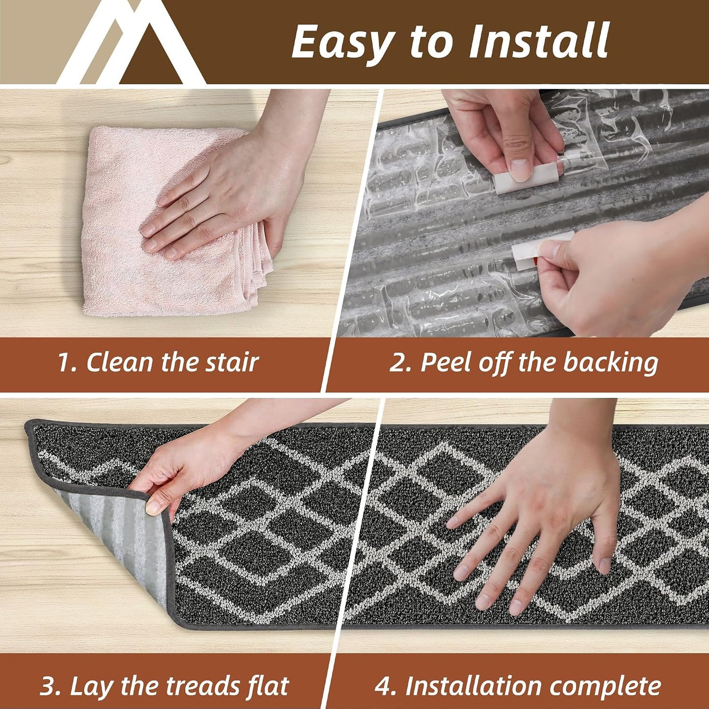 COSY HOMEER Soft Stair Treads Non-Slip Carpet Mat 28inX9in Indoor Stair Runners for Wooden Steps,Stair Rugs for Kids and Dogs, 100% Polyester TPE Backing 7pcs,Black,Rhombus