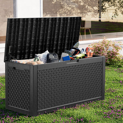 Outdoor Waterproof Resin Storage Deck Box Lockable Outside Bench UV Resistant Bin Patio Porch Furniture Pool Float Garden Tool Cushion (Black, 85 Gallon)