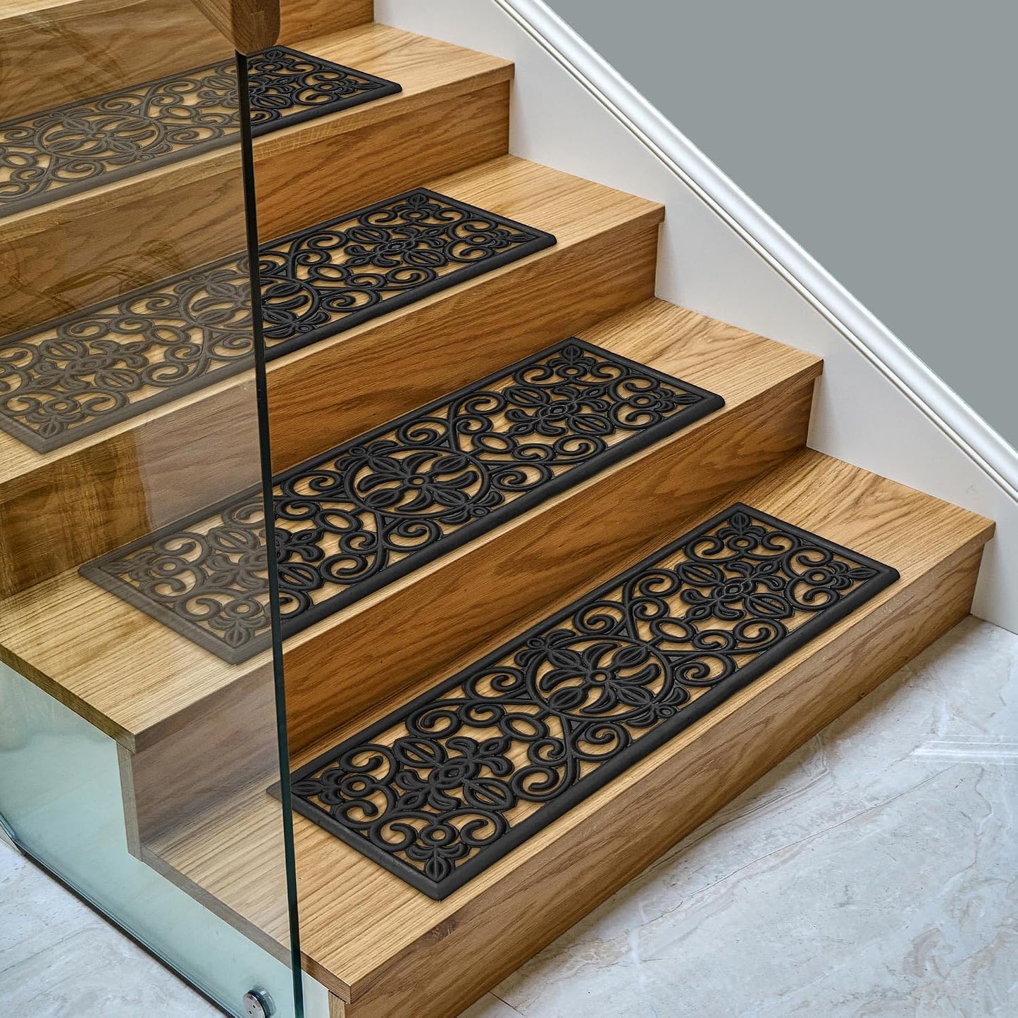 Ottomanson Non Slip Stair Treads Indoor – Peel and Stick Carpet Stair Treads for Wooden Stairs, Self Adhesive Anti Slip Stair Pads for Kids & Pets – 7.9" x 29.9", 7 Pack – Black