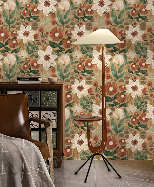 Floralplus Floral Wallpaper Peel and Stick Removable Vintage Floral Wallpaper for Bedroom Renter Friendly Boho Leaf Wallpapers Self Adhesive Contact Paper for Kitchen Cabinet 17.5 x 118 in
