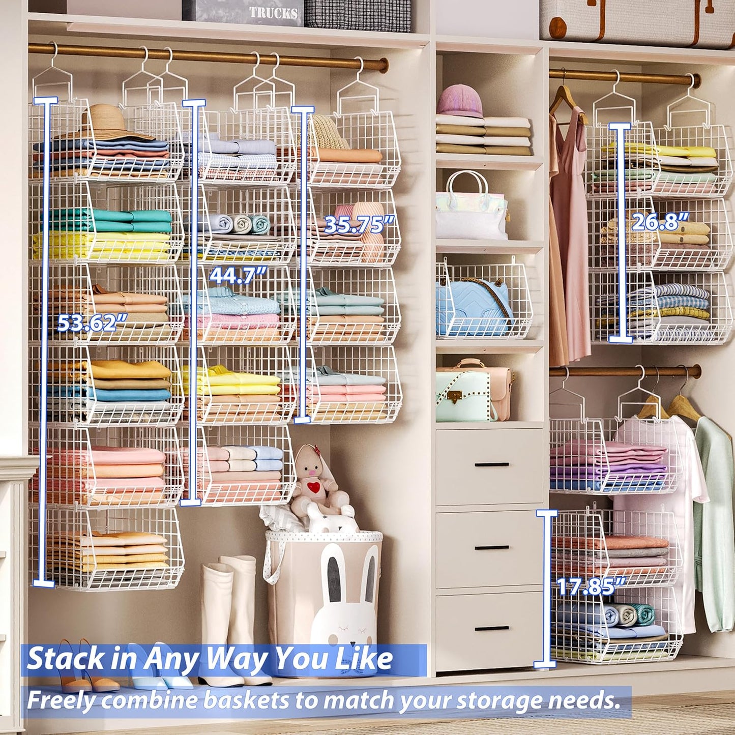 8-Tier Extended Depth Hanging Closet Organizers and Storage for Closet System, Stackable Closet Shelves with 4 Adjustable Dividers for Clothes Sweaters Purses, Wire Hanging Basket Fits Closet Laundry