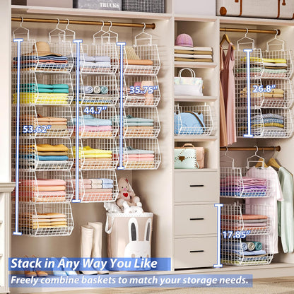 8-Tier Extended Depth Hanging Closet Organizers and Storage for Closet System, Stackable Closet Shelves with 4 Adjustable Dividers for Clothes Sweaters Purses, Wire Hanging Basket Fits Closet Laundry