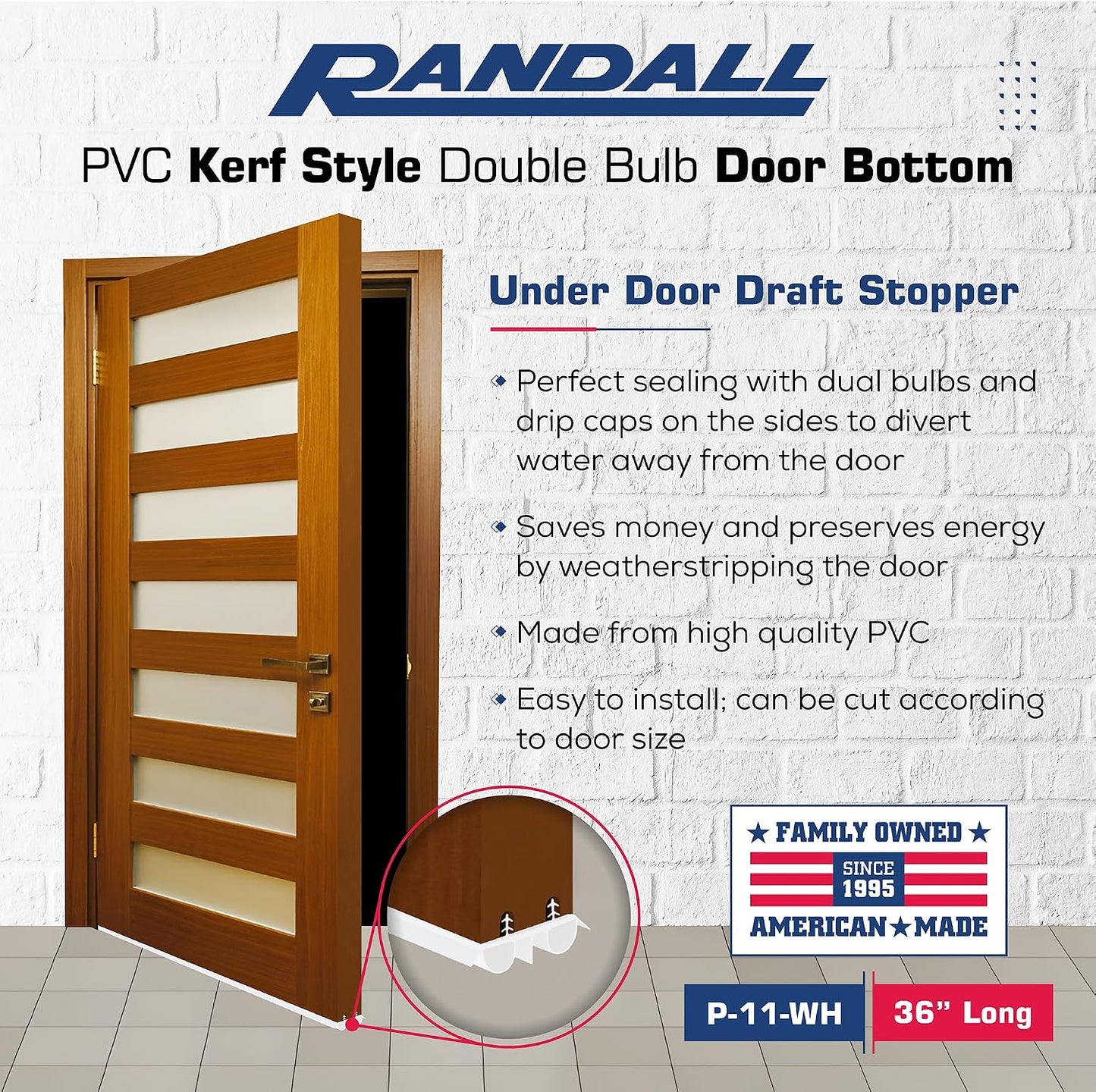 36" Kerf Slide-in Double Bulb Seal Weatherstrip Door Bottom – Durable Seal for Energy Efficiency & Draft Protection (Black)