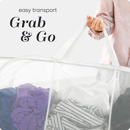 Handy Laundry Collapsible Laundry Basket, 3-Compartment Mesh Laundry Sorter, Foldable Pop Up Hamper with Handles, Space-Saving Durable Organizer for Dorm, Bedroom, Travel, White