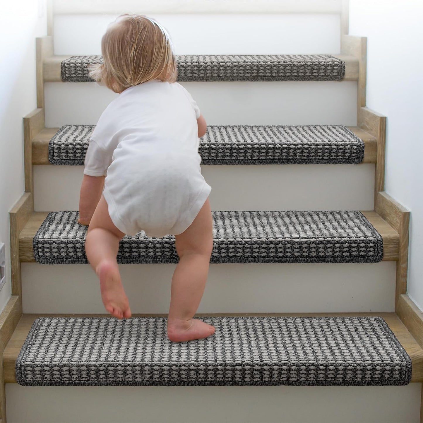 Brakki Bullnose Carpet Stair Treads, Non Slip Stair Treads for Wooden Steps Indoor, Stair Runner, Soft Stair Rugs, Edging Stair Protectors, Washable, 29.5"x9.5"x1.5" 14pcs, Beige