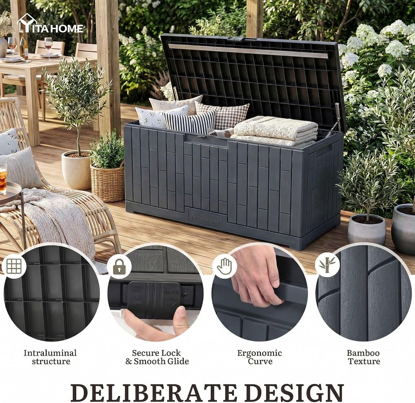 YITAHOME 35 Gallon Outdoor Storage Box | Waterproof Resin Deck Box and Package Delivery with Lockable Lid for Patio Furniture Cushions, Pool Accessories, Garden