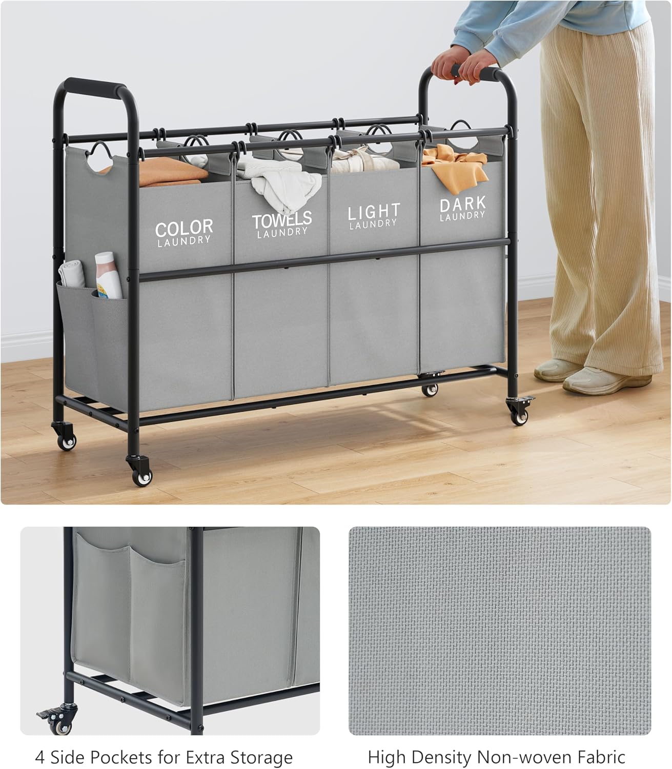 Tajsoon 4 Bag Laundry Sorter Cart, 4 Section Laundry Hamper Sorter with Heavy Duty Lockable Rolling Wheels, Laundry Separator Hamper with Removable Bags for Dirty Clothes Storage, Black