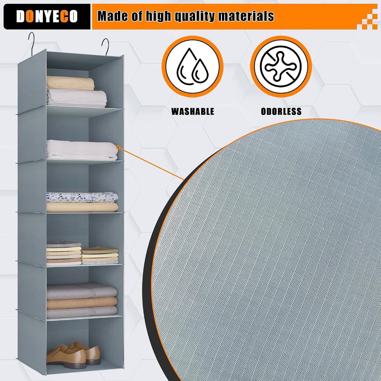 Hanging Closet Organizer 3-Shelf, Oxford Fabric Wardrobe Storage, Gray | Easy-mount foldable design holds clothes, handbags, shoes & accessories; washable Oxford fabric, sturdy and space-saving.