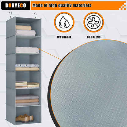 Hanging Closet Organizer 3-Shelf, Oxford Fabric Wardrobe Storage, Gray | Easy-mount foldable design holds clothes, handbags, shoes & accessories; washable Oxford fabric, sturdy and space-saving.