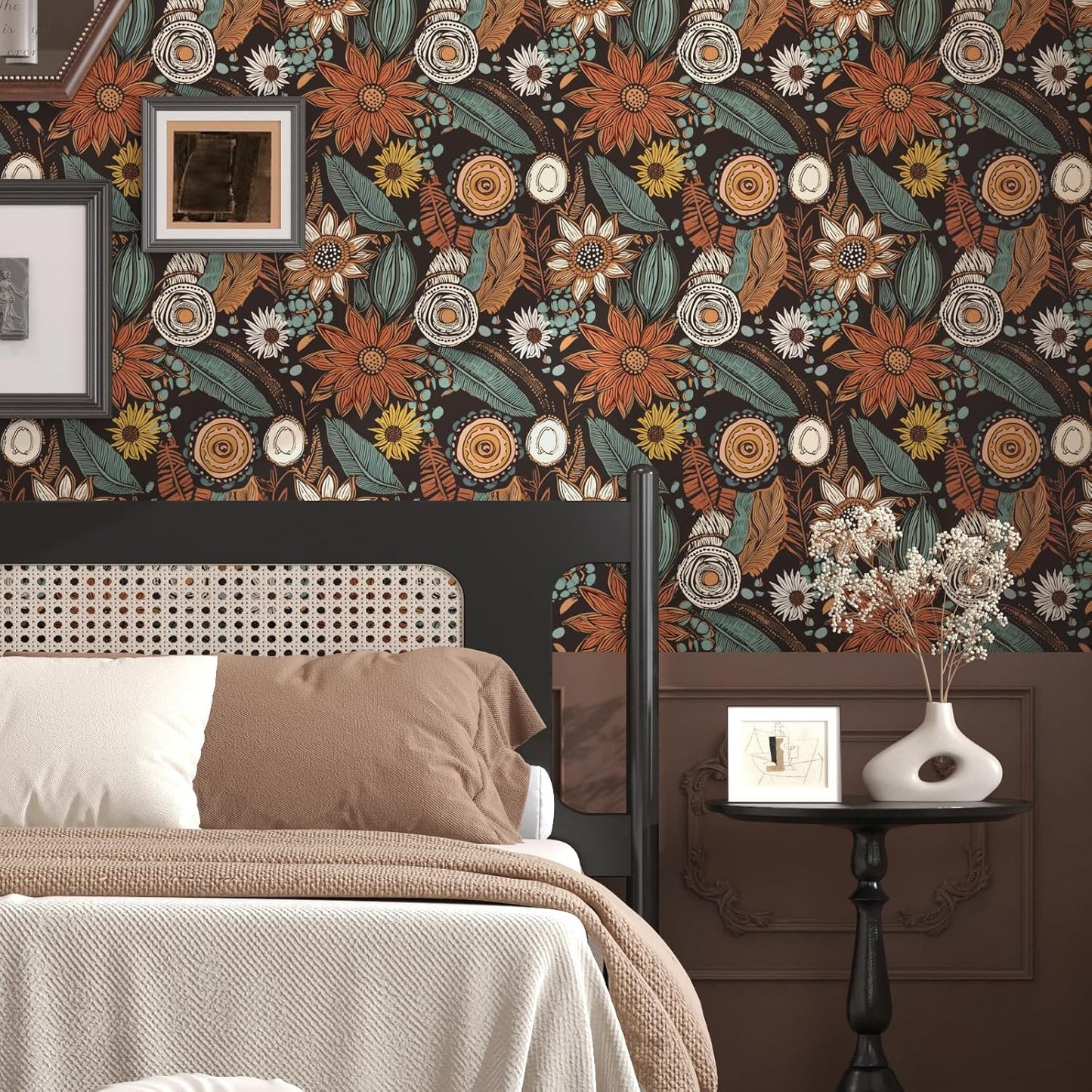 Blue Wallpaper Peel and Stick,Vintage Boho Floral Contact Paper 17.5" x 118", Retro Botanical Flower Wall Paper Self Adhesive Removable Waterproof for Walls Shelves Cabinet Table (Blue,Yellow, Green)