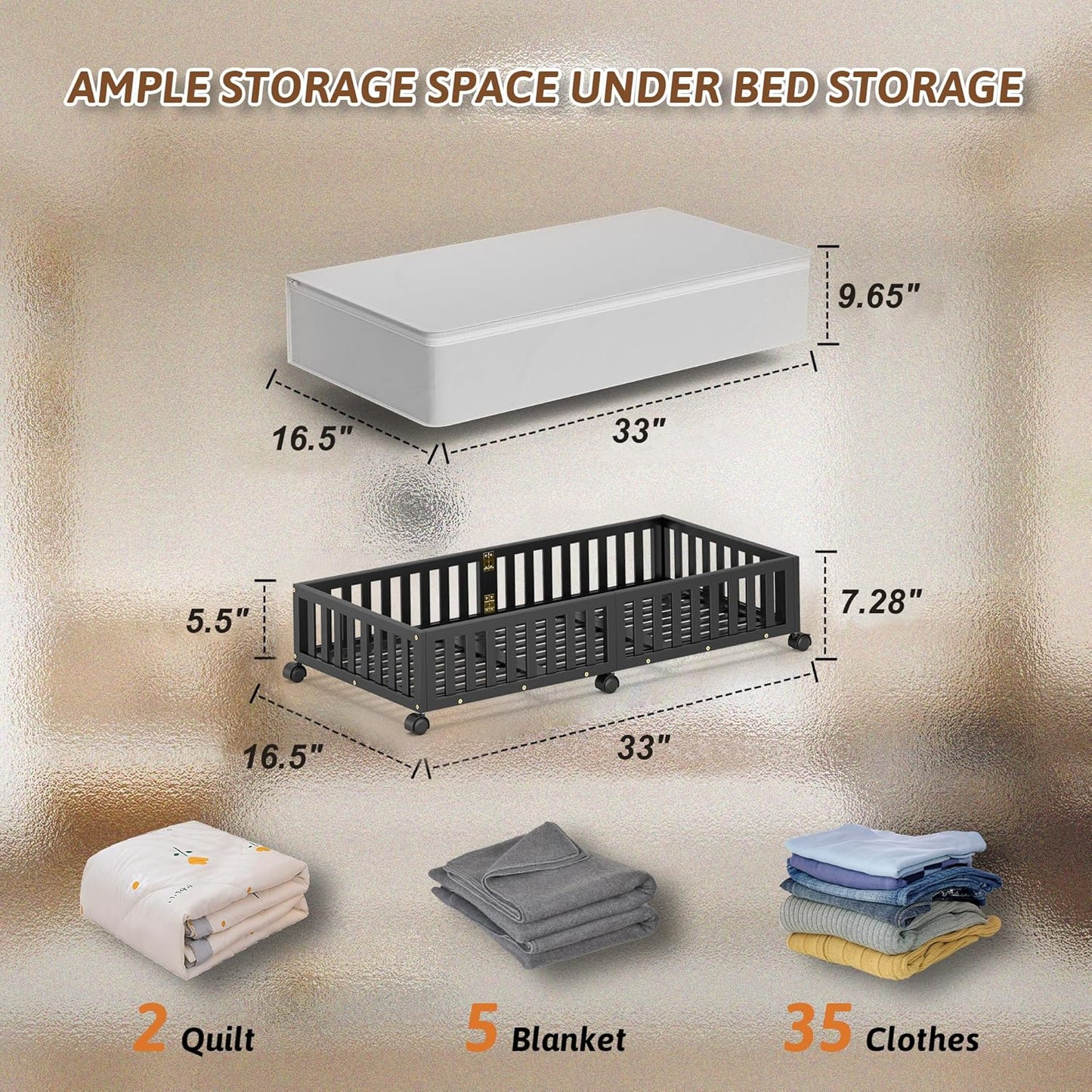 Bamboo Under Bed Storage Containers with Wheels, 2 Pack Under the Bed Shoe Storage Bins, Wood Rolling Underbed Drawers with Bag Organizer for Bedroom, Sheets Clothes Blanket Comforter, Under Crib Toy