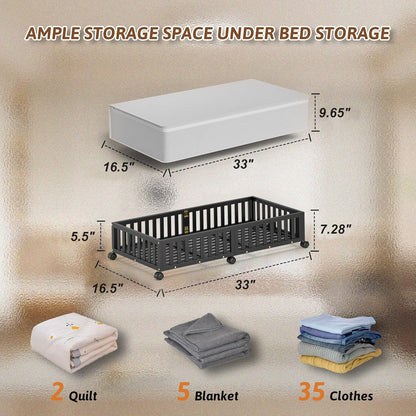 Bamboo Under Bed Storage Containers with Wheels, 2 Pack Under the Bed Shoe Storage Bins, Wood Rolling Underbed Drawers with Bag Organizer for Bedroom, Sheets Clothes Blanket Comforter, Under Crib Toy