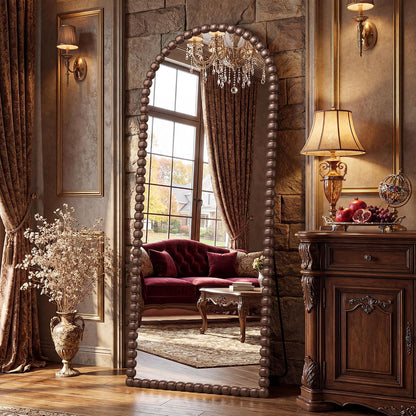 Antok 58" x 21" Arched Full Length Mirror, Antique Beaded Frame Floor Standing or Wall Mounted Mirror with Stand for Bedroom, Entryway, Brown, Luxury Style