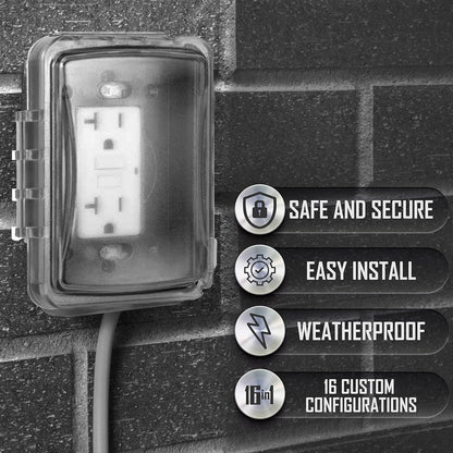 TayMac MM420C 1-Gang Nonmetallic Extra Duty Weatherproof In-Use Horizontal/Vertical 16-in-1 Standard Cover, 2.75 in, Clear & MM110C Weatherproof Single Outlet Outdoor Receptacle Cover, 5/8 Inches Deep