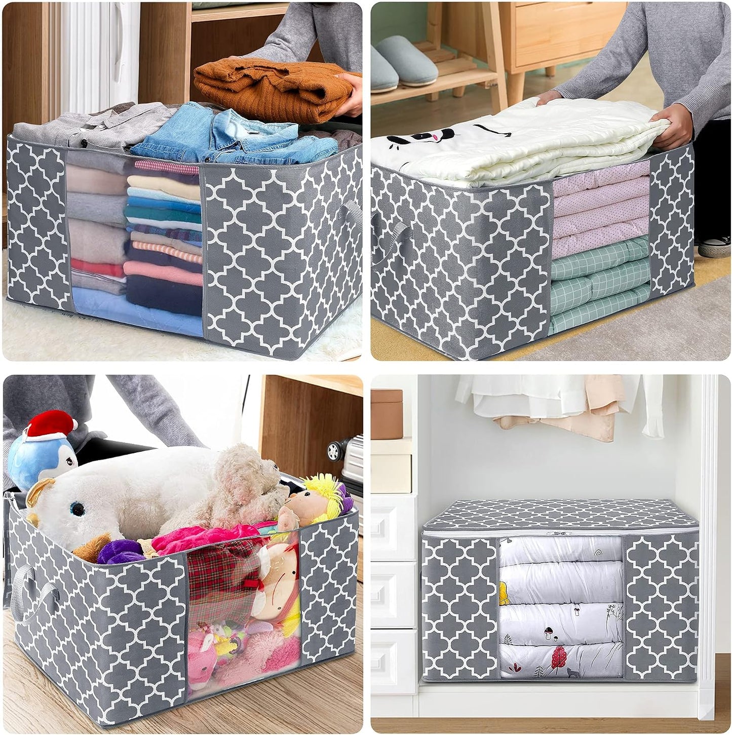 WISELIFE Storage Bags, Large Blanket Clothes Organization and Storage Containers for Bedding, Comforters, Foldable Organizer with Reinforced Handle, Clear Window,Sturdy Zippers,(Grey, 3 x 100L)