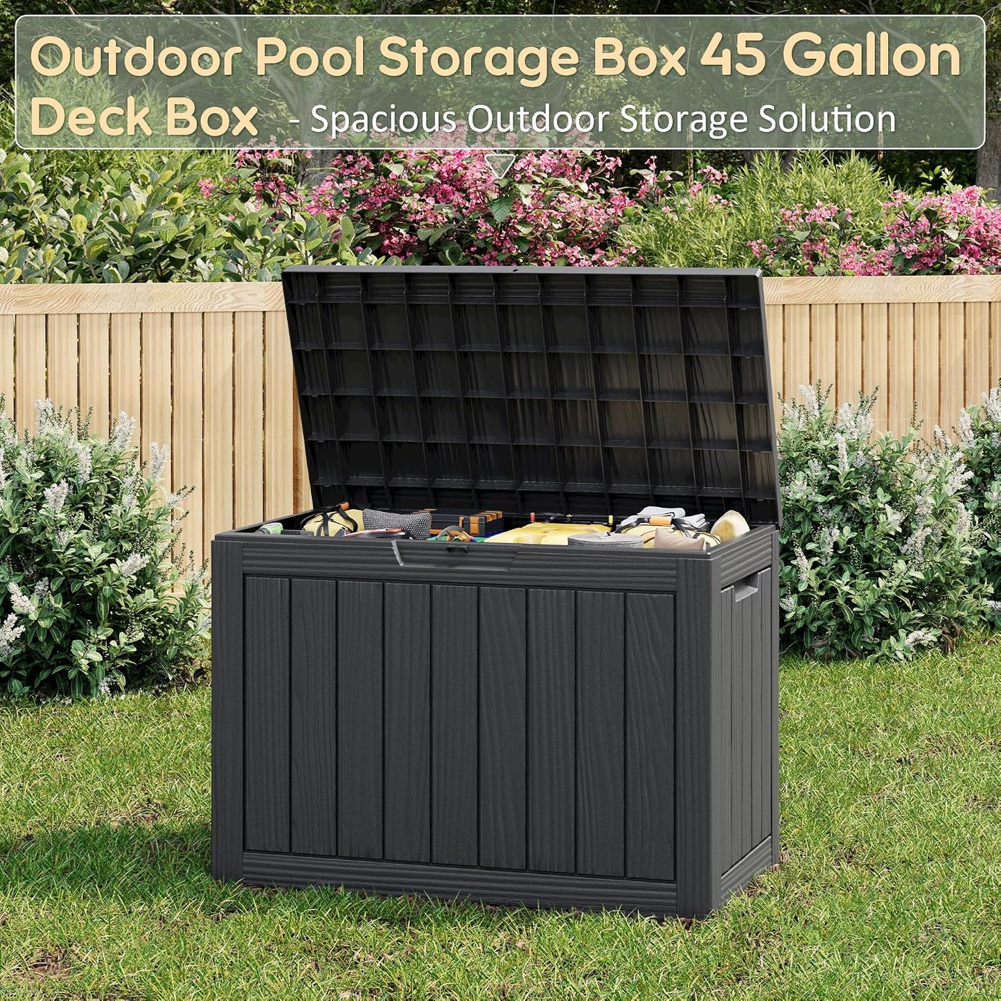 KAMABOKO 31 Gallon Outdoor Storage Box, Resin Deck Boxes Indoor and outdoor, Waterproof Storage Box Lockable Lid for Garden Tools, Package Delivery, Pool Supplies, Patio Cushions, Black